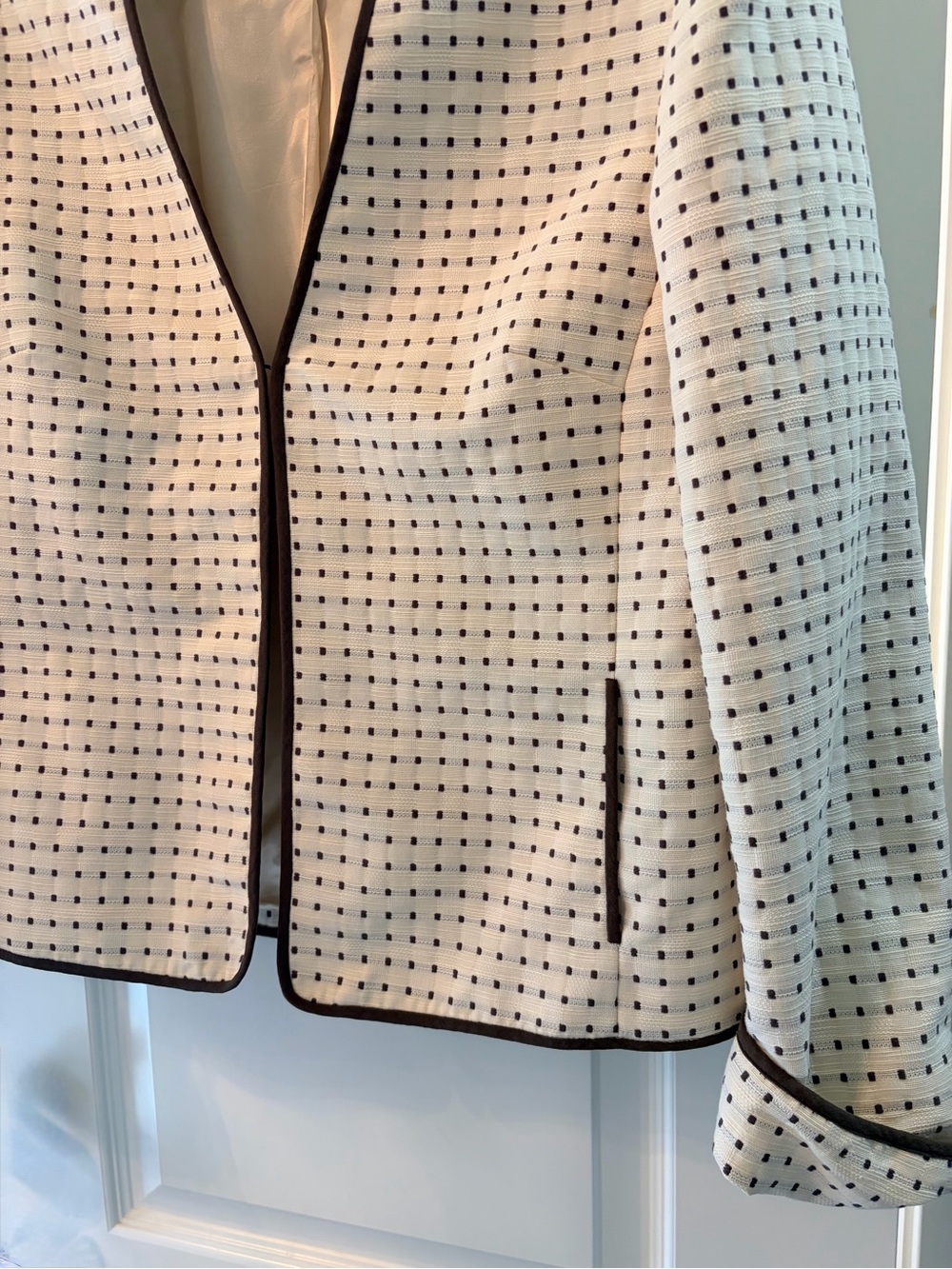 Jones New York Cream Open-Front Textured Dot Blazer with Dark Trim - Picture 6 of 14